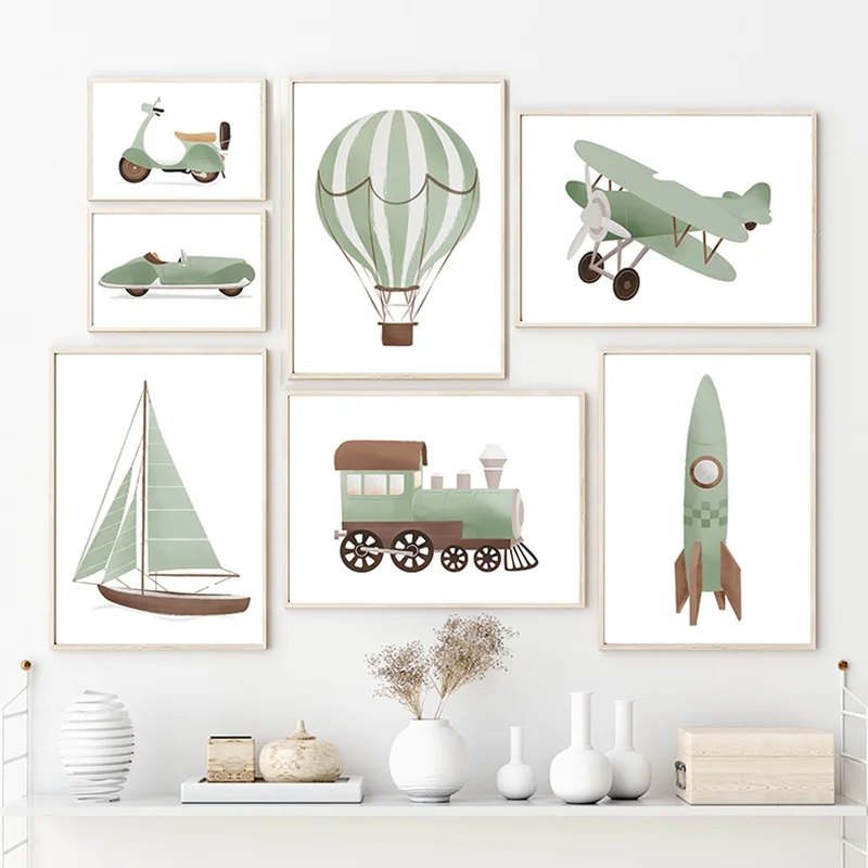 Sailboat Rocket Hot Air Balloon Plane Train Car Wall Art Nordic Posters Painting Cartoon Pictures Kids Room Decor Canvas Prints