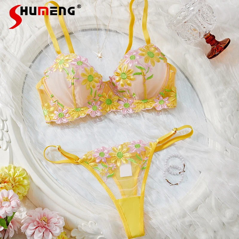 

French Embroidery Sexy Lingerie for Girls Pure Desire Style Ultra Thin Bra Set Women's Underwire Push Up Underwear Brief Suits