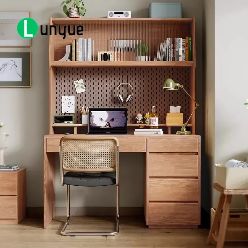 Solid Wood Desk with Bookshelf Integrated Computer Study Table for Bedroom Home Office with Drawers Storage Rustic Log Style
