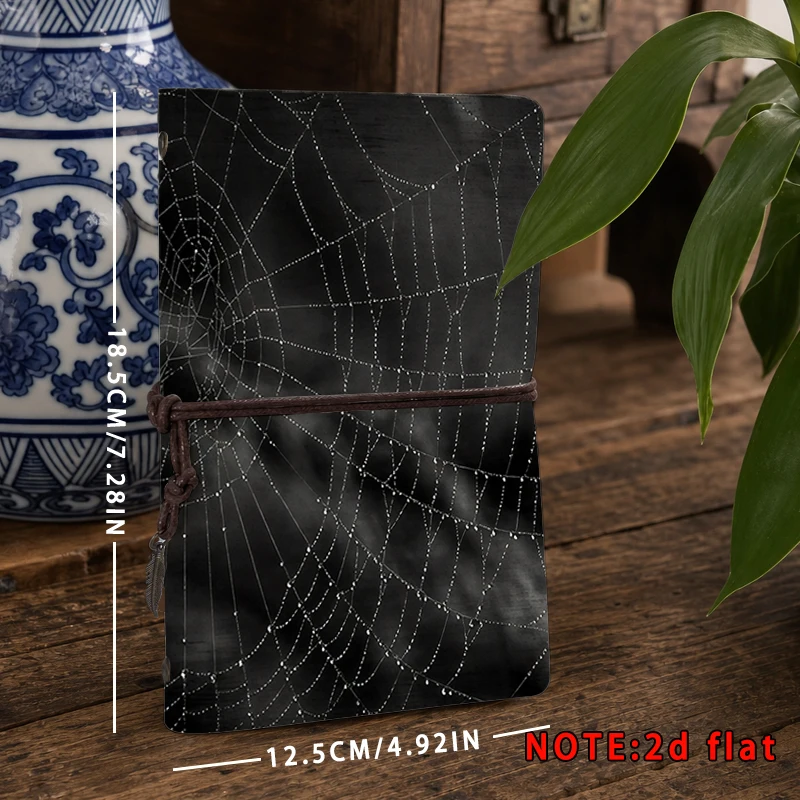 Gothic Spider Web Art Print Notebook Tie‑Bound PU Journal 2D Flat Cover Portable Travel Diary Halloween Aesthetic Holiday Gift