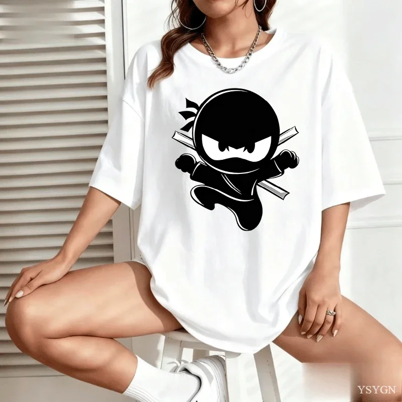 Cute Cartoon Little Ninja With Sword Print Kids T Shirt Boy Girl Short Sleeve Crew Neck Cotton Warrior Parent Child Matching Tee