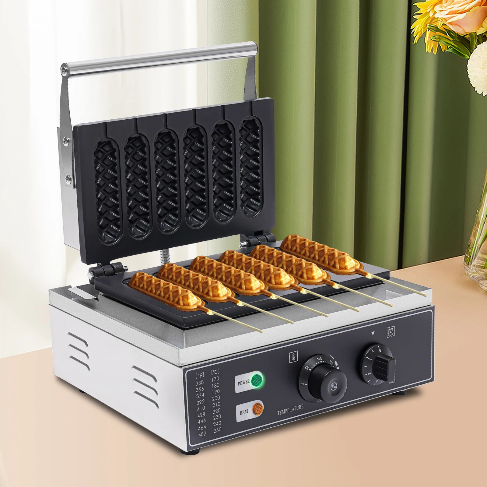 Máquina para Hacer Waffles, 1500 W, de Acero Inoxidable, Eléctrica, Comercial, con 6 Moldes para Waffles/Corn Dogs