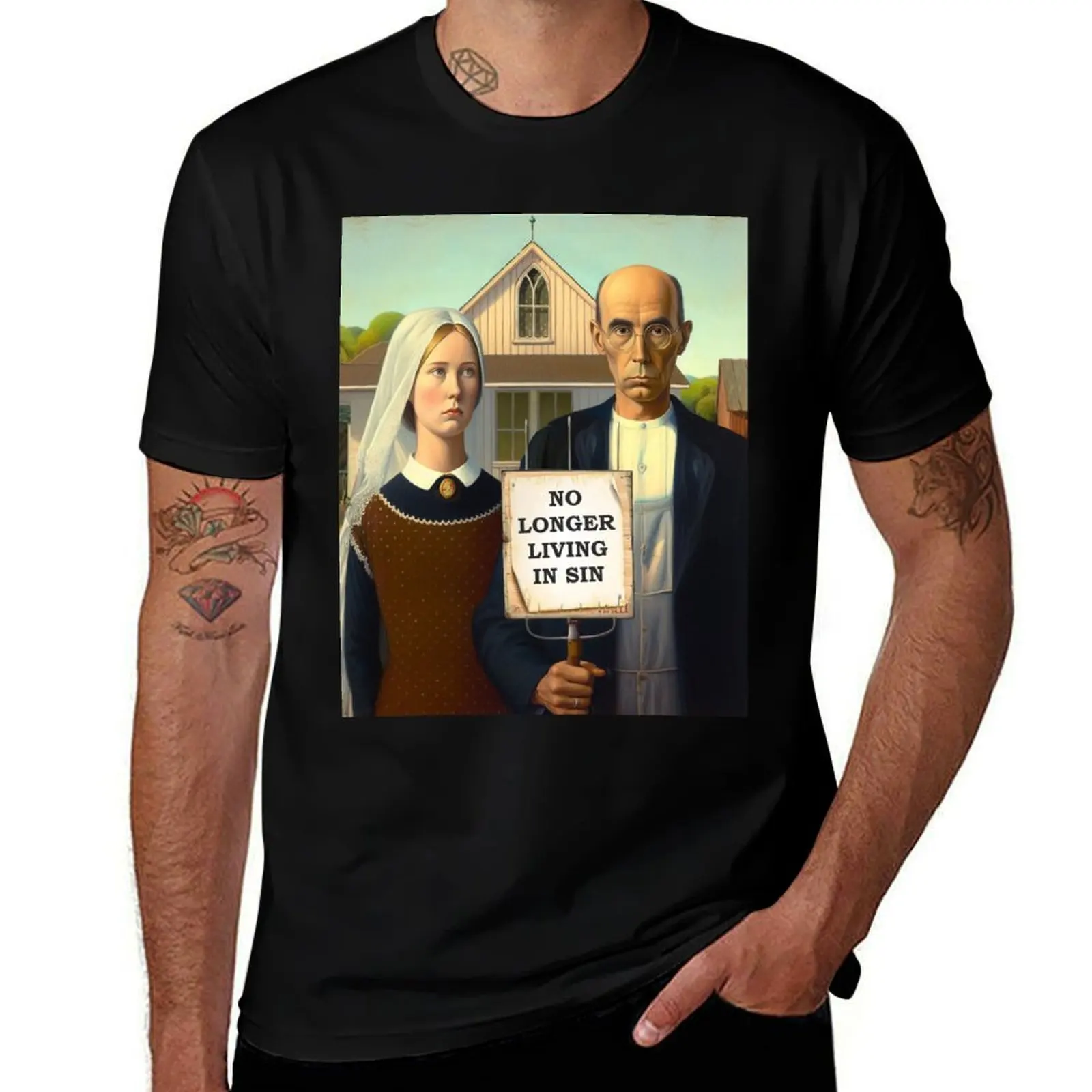 American Gothic Grant Wood painting Famous Art parody T-Shirt Basic Solid Color Casual Tee Shirt