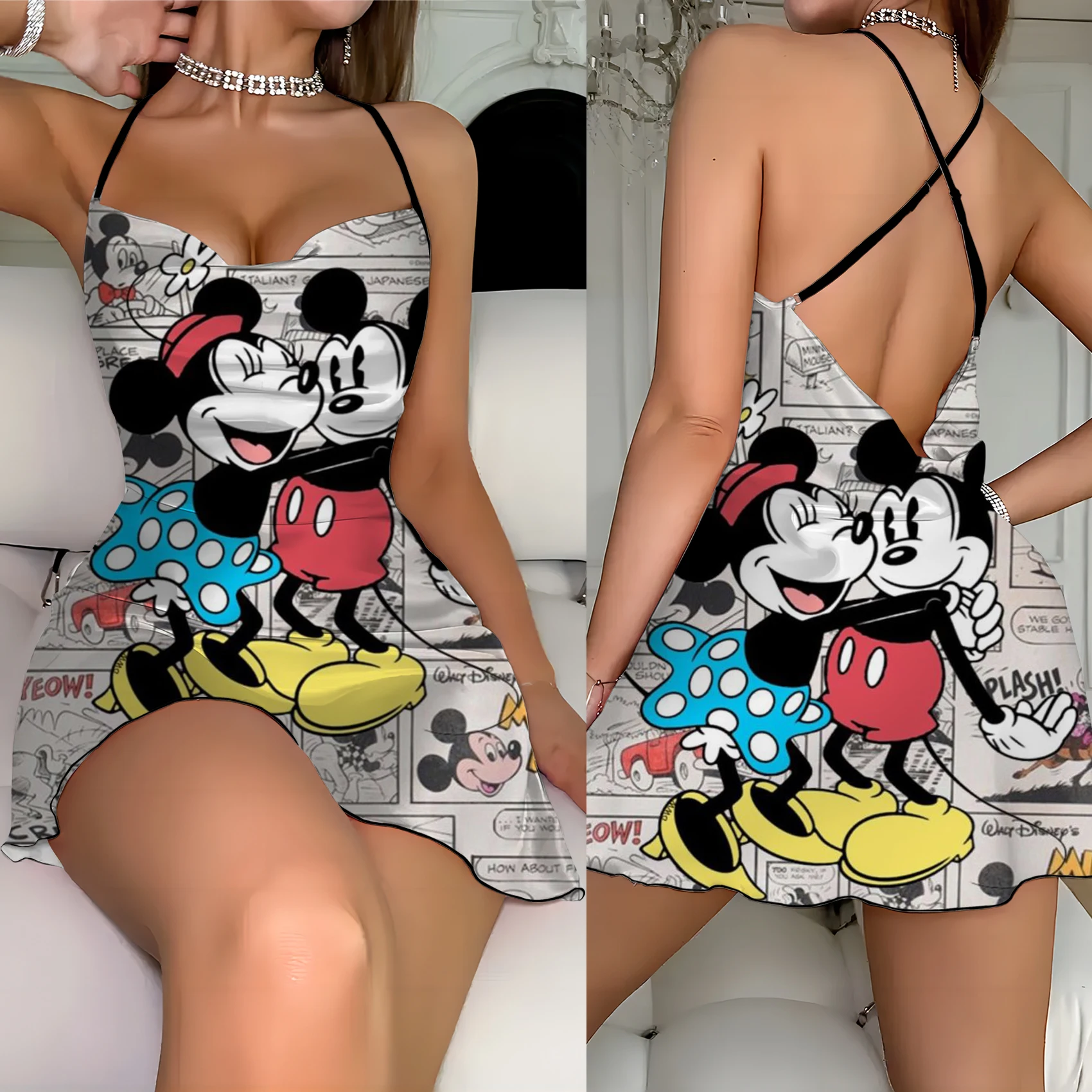 

Fashion Summer Dresses 2024 Lettuce Trim Minnie Mouse Slip Dress Mickey Disney Crew Neck Elegant Women Backless Neck Dress Home