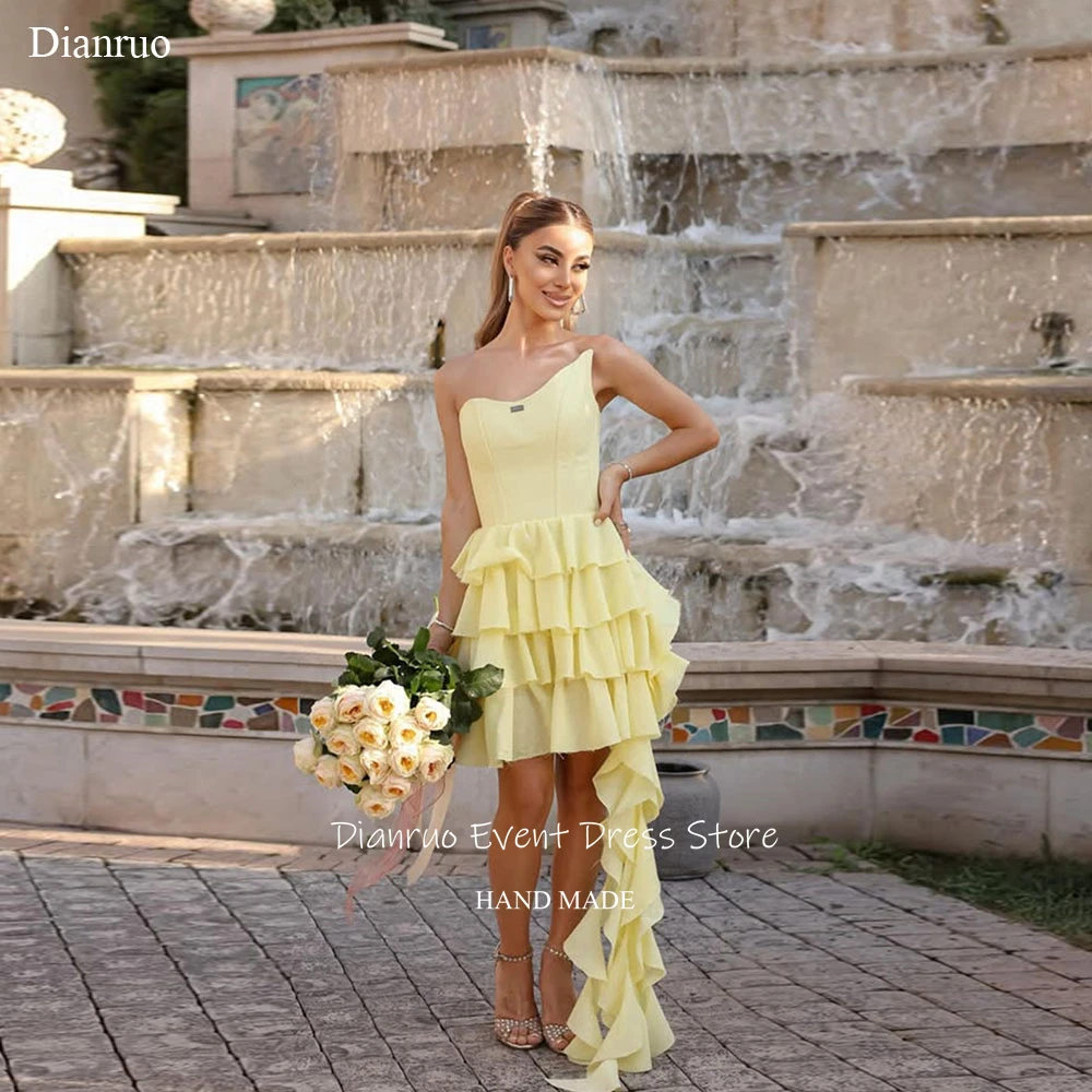 

Dianruo Asymmetrical Hem Chic Prom Dresses Tiered Rufled Hem Chiffon Evening Dresses Yellow Mini Celebrity Dresses Customized