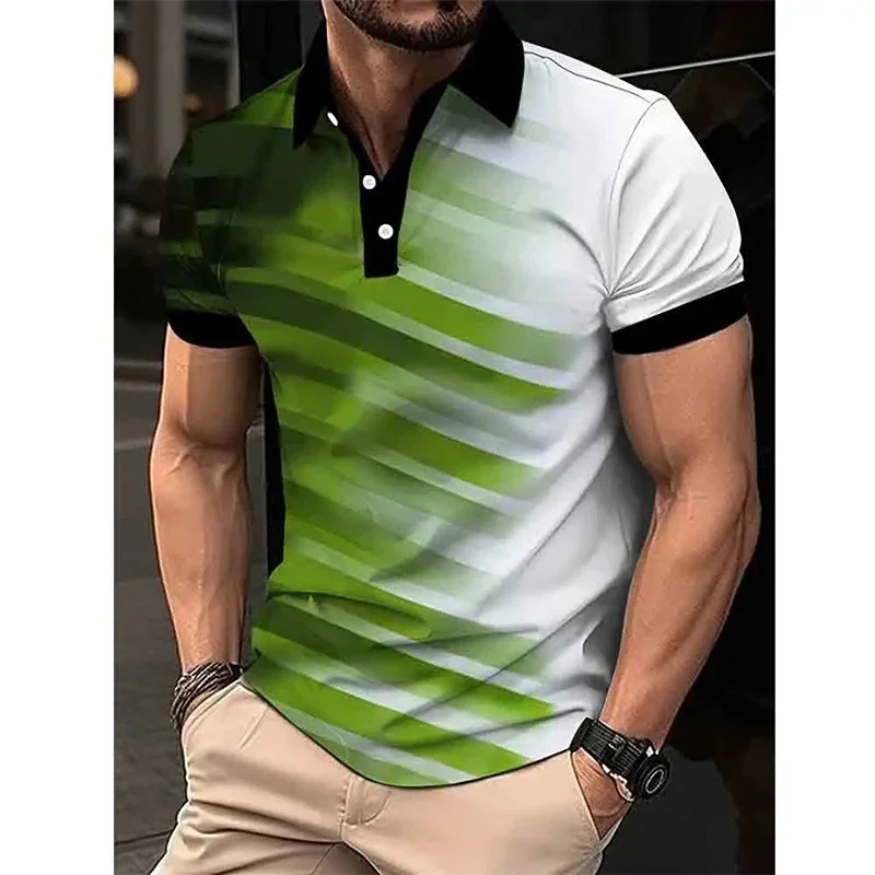 3D Printed Stripe Polo Shirt For Men Color Block Graphic T-Shirts Summer Casual Oversized Street Lapel Tops Short Sleeve Tees