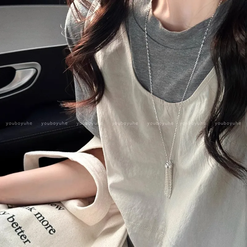 Tassel Necklace Silver Tone Women Delicate Drop Design Premium Alloy Lightweight Comfortable Chic Office Party Accessory