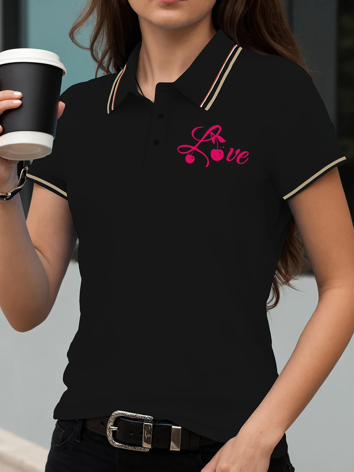Cherry Letters Print Women Tee Shirt All-Match Contrast Polo Shirt Collar Summer Clothes Comfortable Soft Woman Short Sleeve