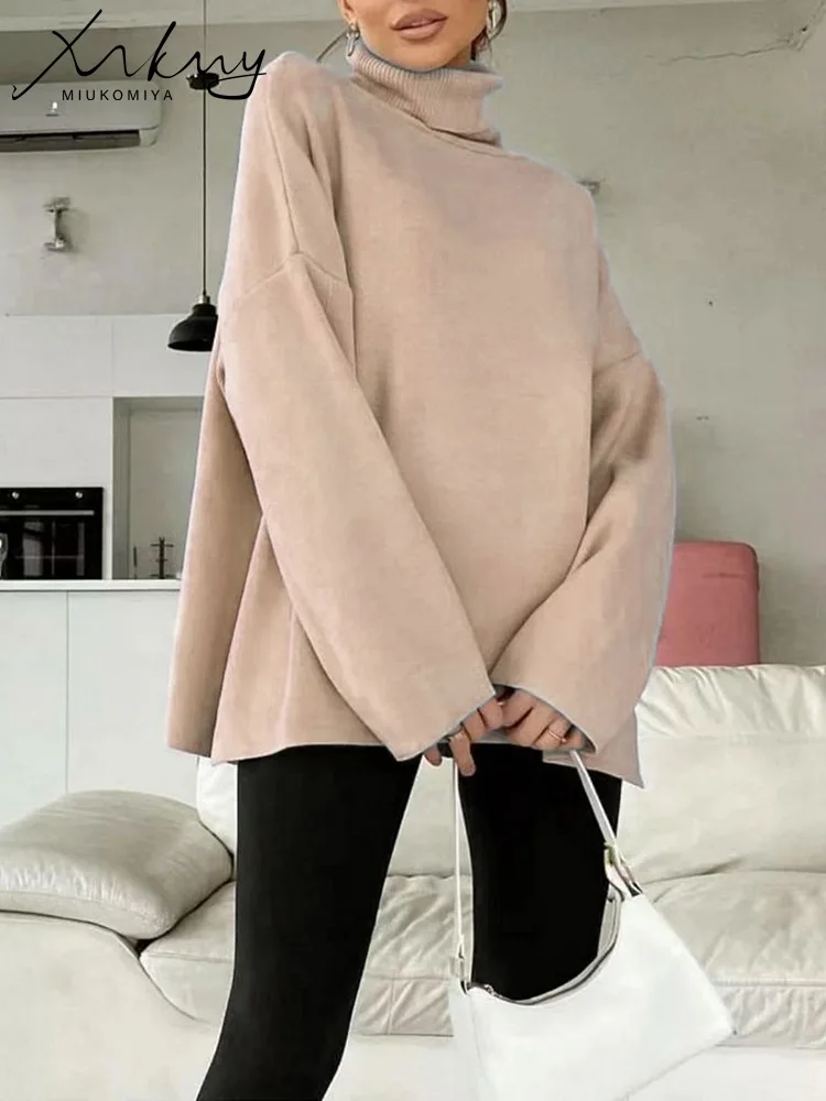 White Turtleneck Oversize Sweater Women Autumn Winter Fashionable Knitted Pullovers Solid  Loose Women\'s Turtleneck Sweaters