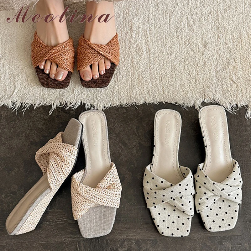 Meotina Women Slides Square Toe Wedges Mid Heels Sandals Wave Point Slippers Ladies Fashion Casual Shoes Summer Beige Brown 40
