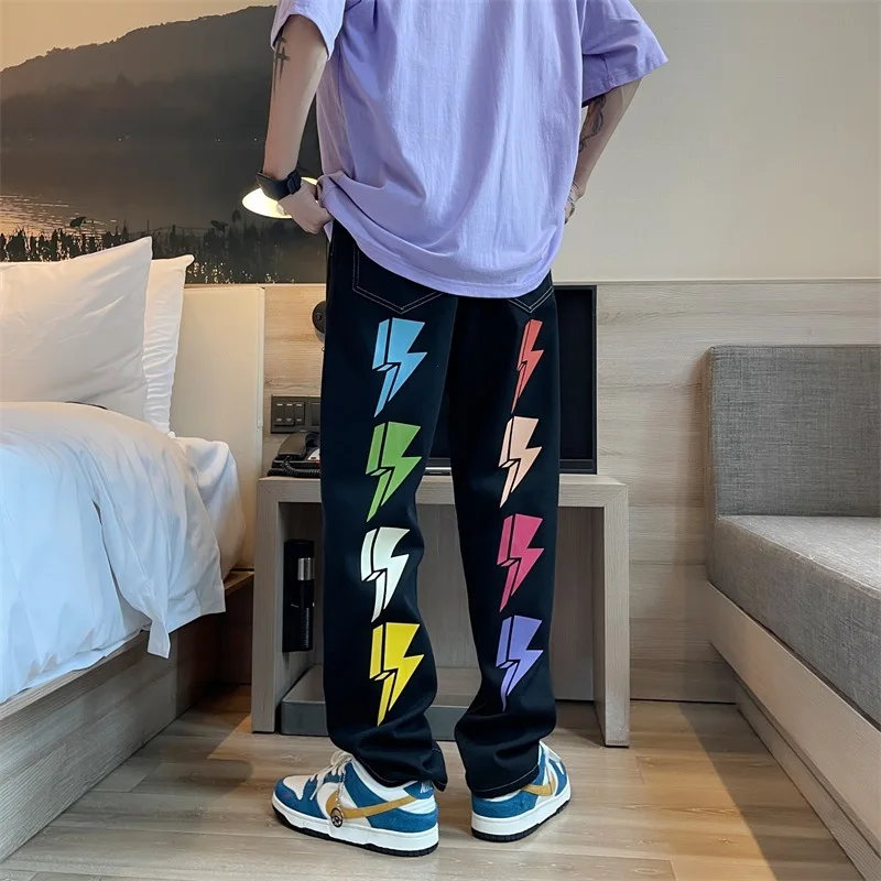 Lightning Print Jeans Men's Hip Hop Black Fashion Brand Straight Tube Loose Korean Personalized Wide Leg Pants