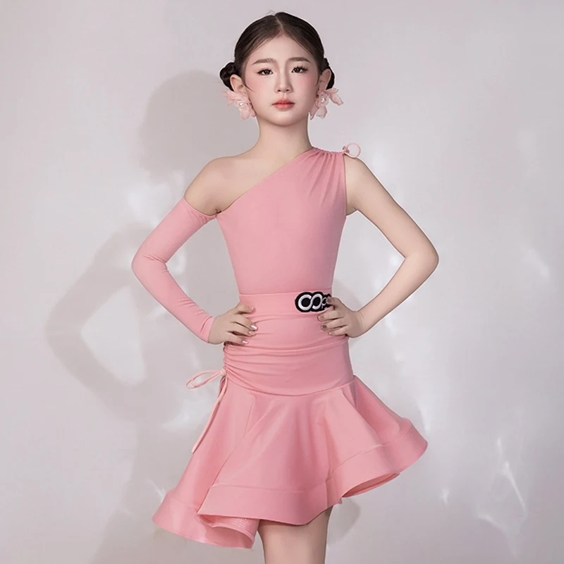 Estate Bambini Abiti da ballo latino Ragazze Spalla inclinata Top Gonna con coulisse Abito rosa Abito da pratica Abbigliamento da prestazione BL14803