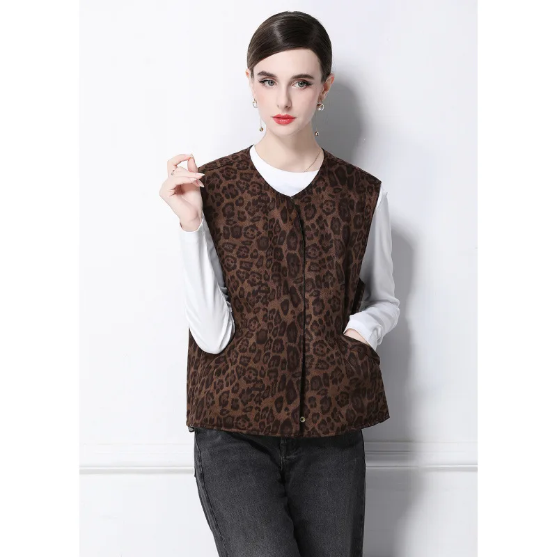 

Double-Sided Wearable PU Leather Leopard Print Vest Street Sle Stand Fit Neutral Polyester/Nylon Cosite Fiber Women's...