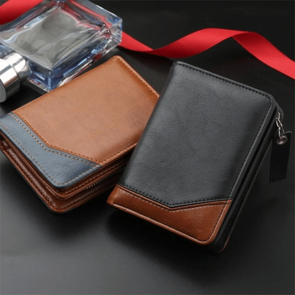 Dompet Pendek Pria Kulit PU Kasual dengan Ritsleting, Warna Kontras, Tas Clutch Bisnis, Dompet Koin, Slot Kartu Multi, Tempat Kartu Pria, Hadiah