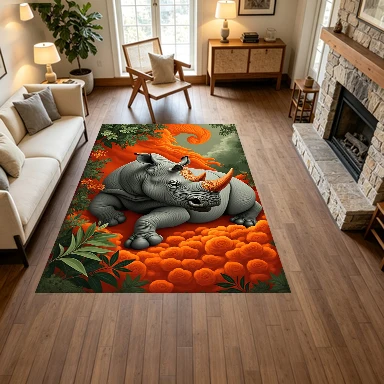 Surreal Rhino Orange Floral Art Carpet Floor Decoration Dreamy Animal Illustration Non-Slip Floor Carpet Suitable for Living Room Home Decor