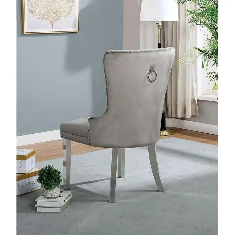 كراسي طعام منجدة مكونة من قطعتين من فلنلت رمادي مع مجموعة تصميم مجنح معنقدة بأزرار