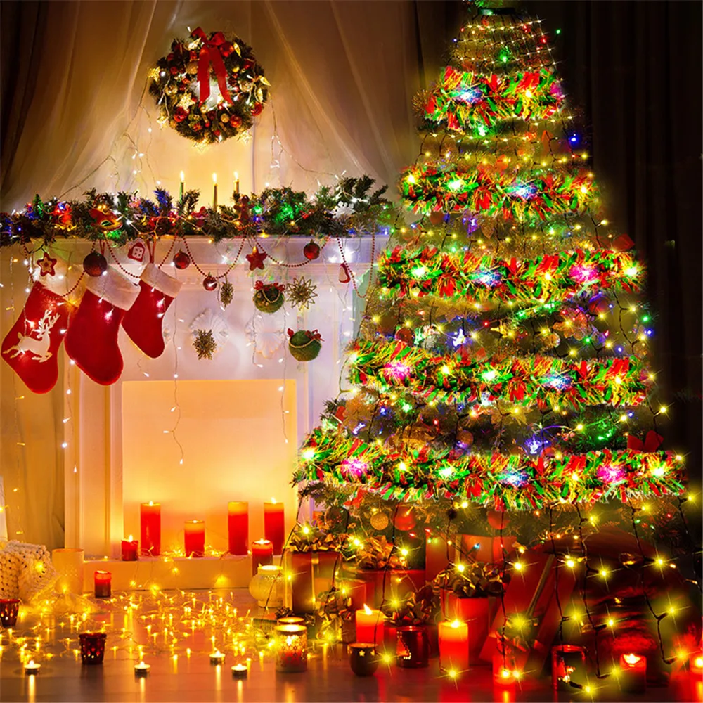 1pc Dingion 16 Ft Christmas Tinsel Garland Metallic Shinny With LED Lights Tree Thick Hanging Decorations For Xmas Party indoor