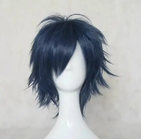 Men Blue Cosplay Wig Layered Short Straight Synthetic Hair Wigs for Young People