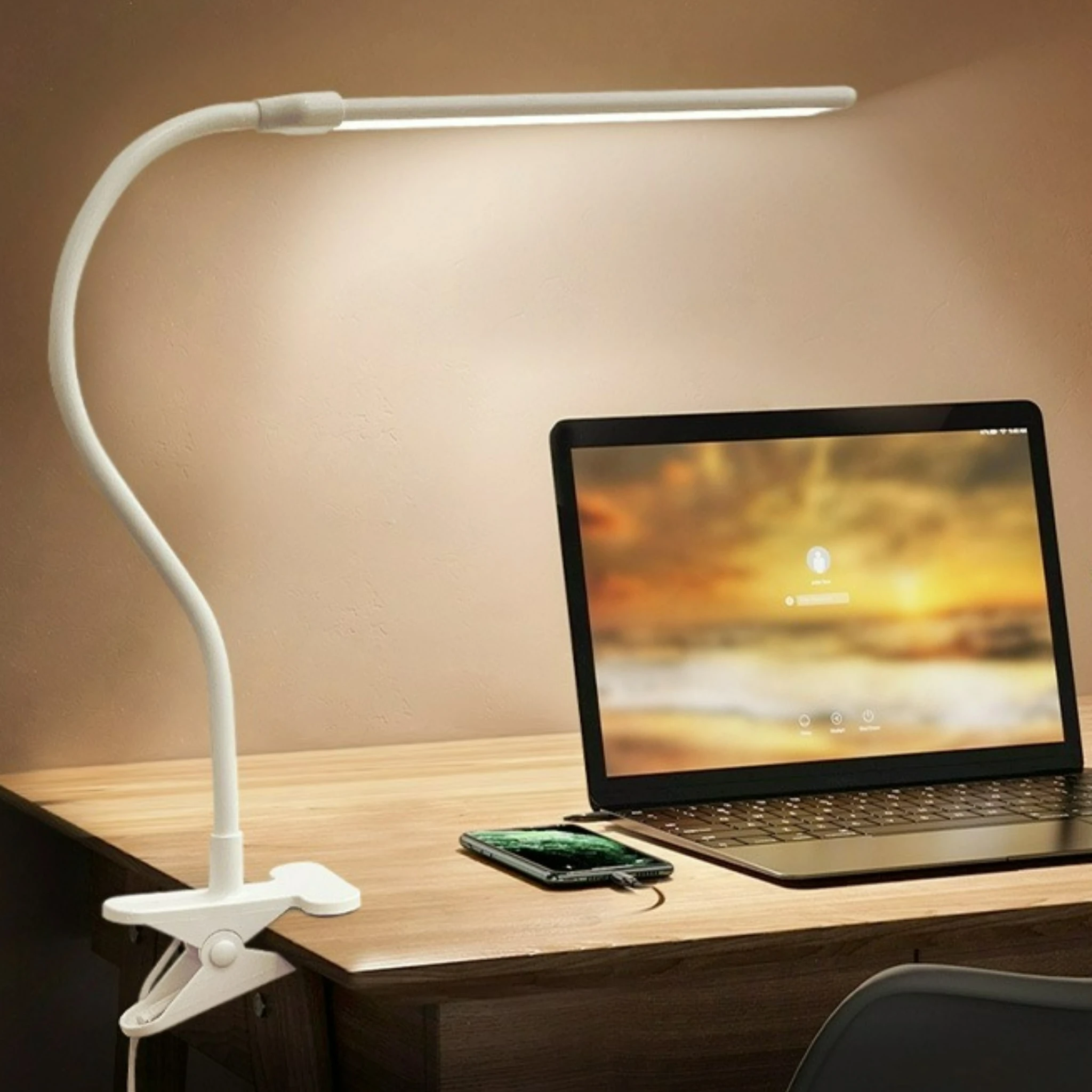 LED Desk Lamp with Metal Clip 10 Level Brightness Adjustment 3 Color Modes Flexible Gooseneck Reading Light for Home and Office