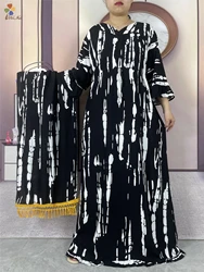 Muslim Women Long sleeved Cotton Dress with Waist Tie Dyed Printed Long Dress African Women Dress Kaftan Robe with Large Scarf