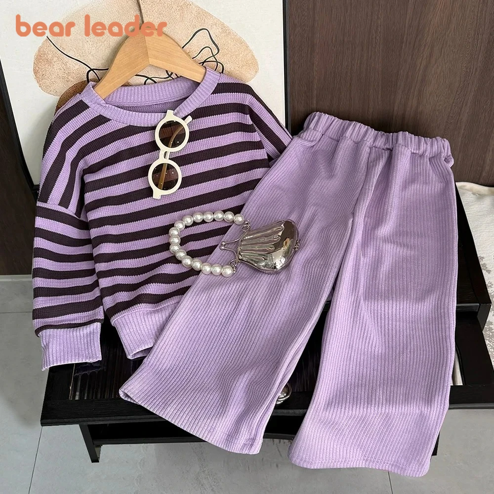

Bear Leader 2026 Spring and Autumn New Casual Kids Clothes Girls Korean Version Long Sleeve Striped Top + Pant Children's Set