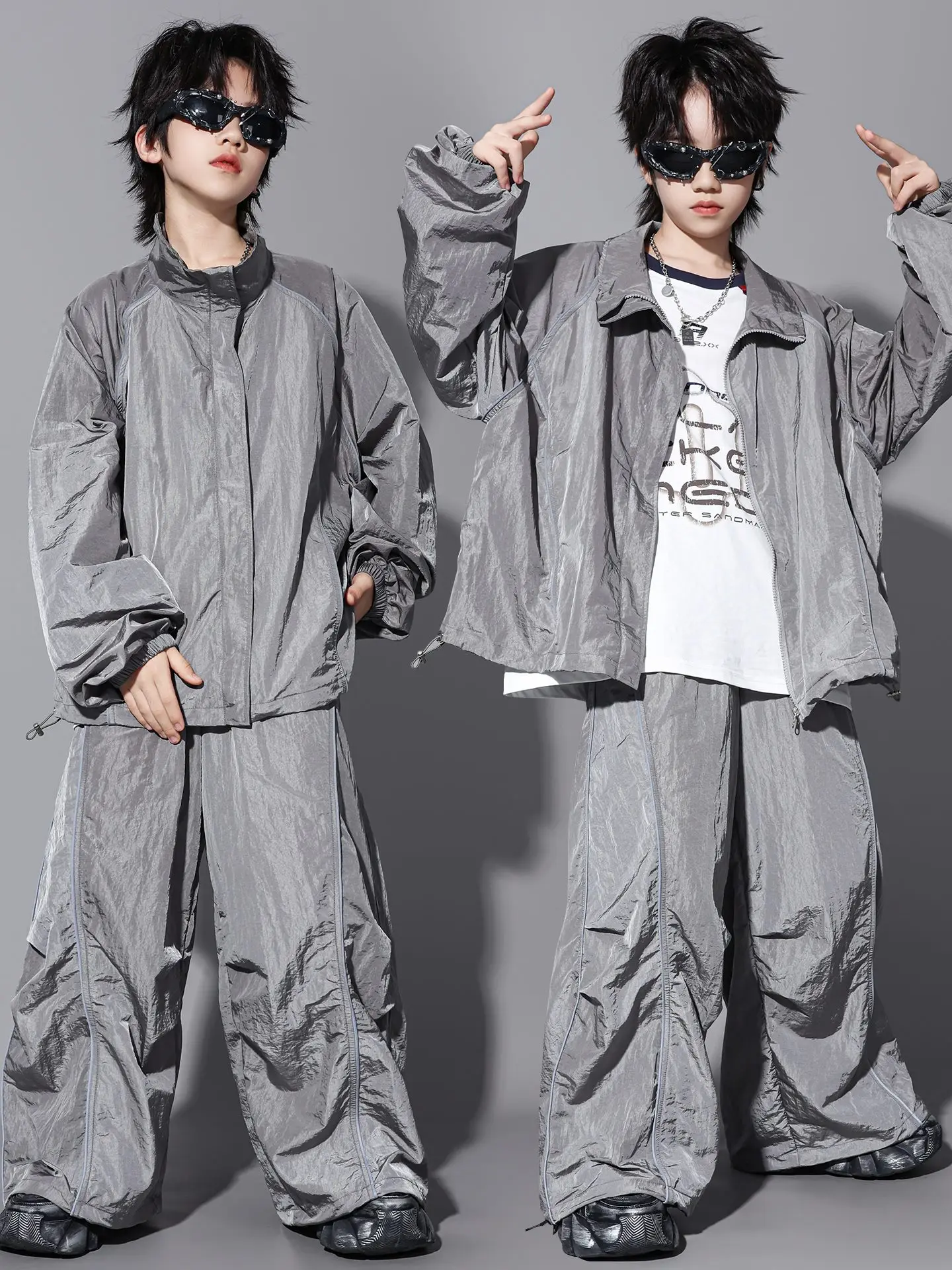 

2025 Kids Hip Hop Dance Clothes Boys Sport Suit Girls Jazz Dance Practice Clothing Gray Coat Pants Baggy Street Wear BL18052