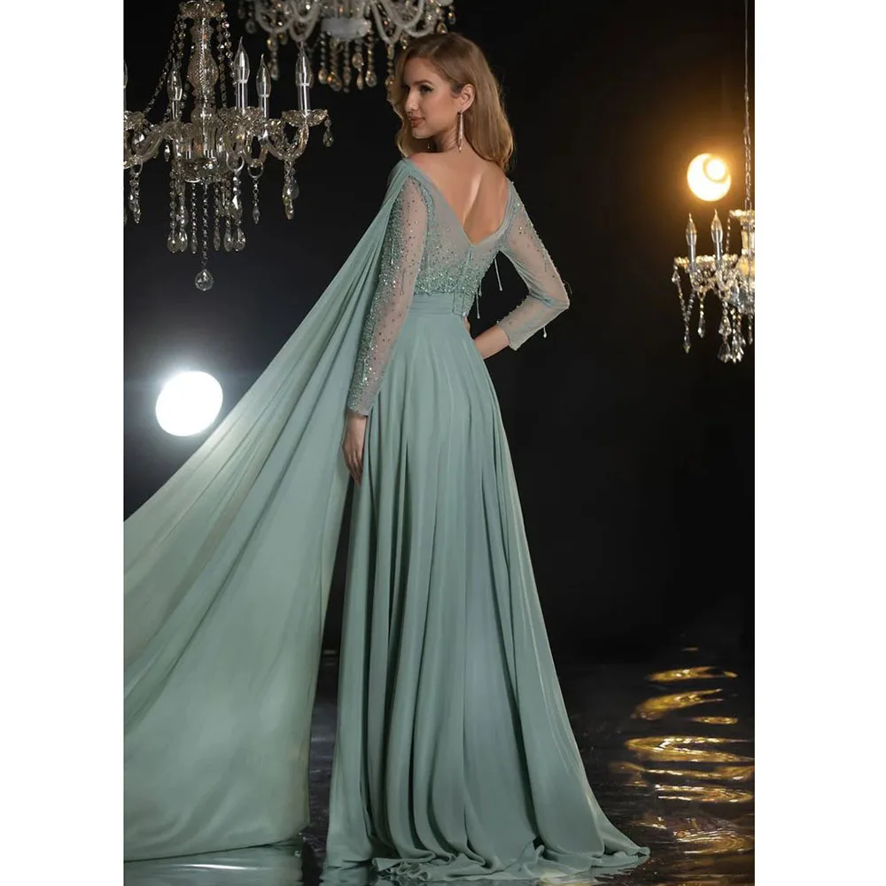 Abiti da festa da sera eleganti alla moda blu verde O-Collo Lunghezza pavimento Maniche lunghe A-Line Abiti da ballo da donna lucidi con illusione sexy