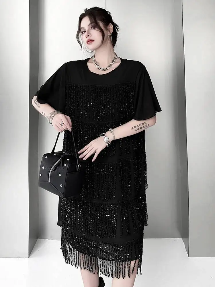 Women Black Tassels Spliced Big Size Knee Length Dress New Round Neck Short Sleeve Fashion Tide Spring Summer