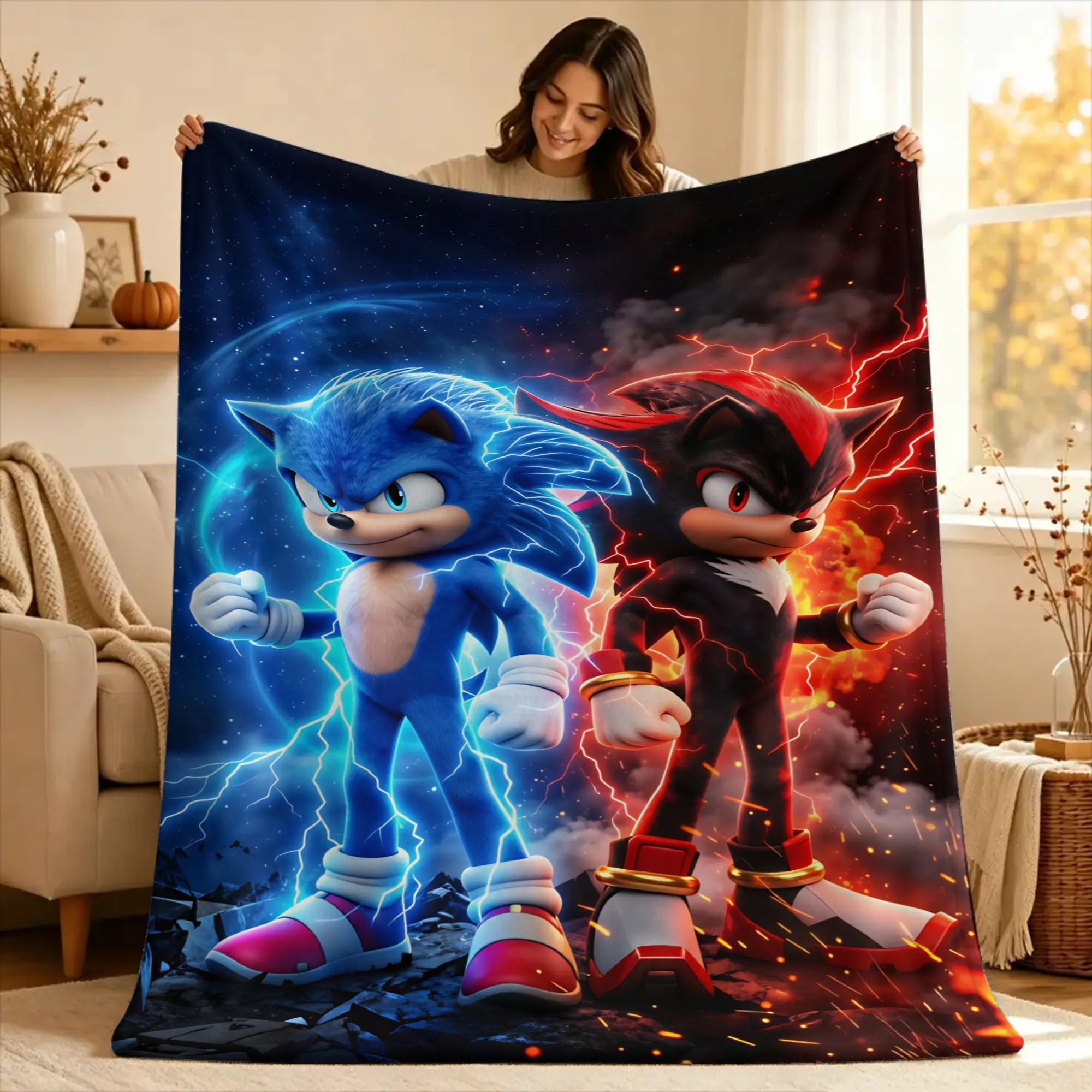 S-sonic The Hedgehog  Warm Blanket  Picnic Plush Throw Blanket Aesthetic Couch Bed Flannel Bedspread Sofa Bed Cover