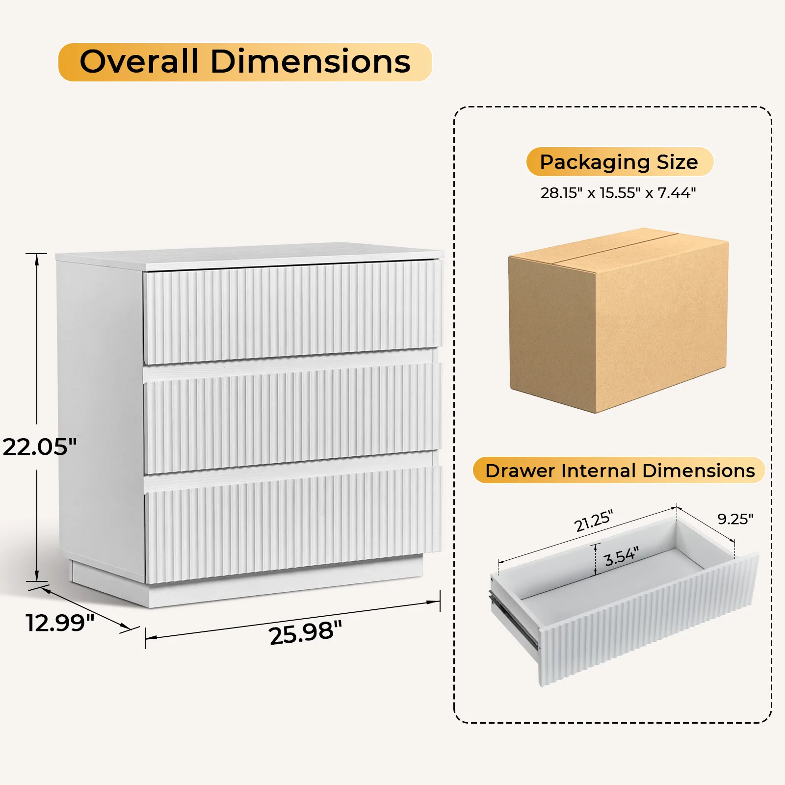 Chest of Drawers Fluted Niche Cabinet,3‑Drawer Freestanding Storage Locker,Handle‑Less Grooved Front Wooden Dresser,Modern Minimalist Room Decor for Bedroom Living Room Home Furniture