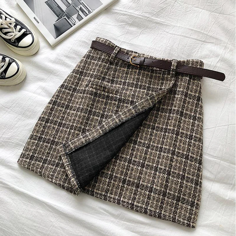 Korean High Waist Tweed Mini Skirt Women Autumn Winter Thicken Korean Slimming Plaid Skirts New Y2K Fashion Sashes A-Line Shirt