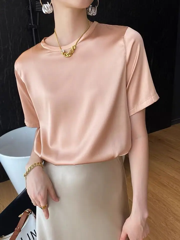 Silk Satin Short Sleeve Tees Korean Style Slip Woman Summer Clothes Elegant Black Brown Tops Solid Loose Casual 5XL 6XL 7XL