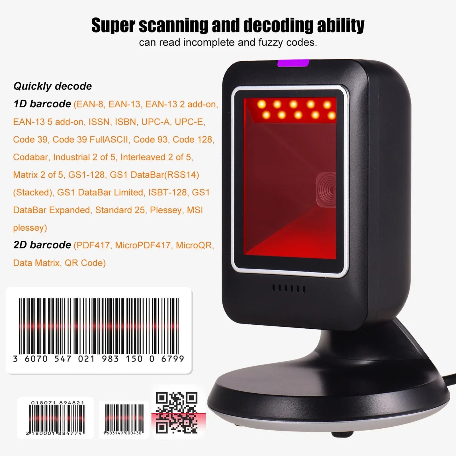 MP6300Y 1D 2D QR Omnidirectional Barcode Scanner USB Wired Bar Code Reader CMOS Image Hand-Free for Supermarket Bookstore Retail