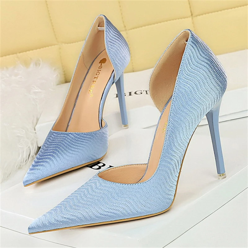 BIGTREE 2024 Fashion Party Wedding Heels Stripper Slim Modern Sandals Pointed Side Hollowed Out Wave Embossed Single Shoes