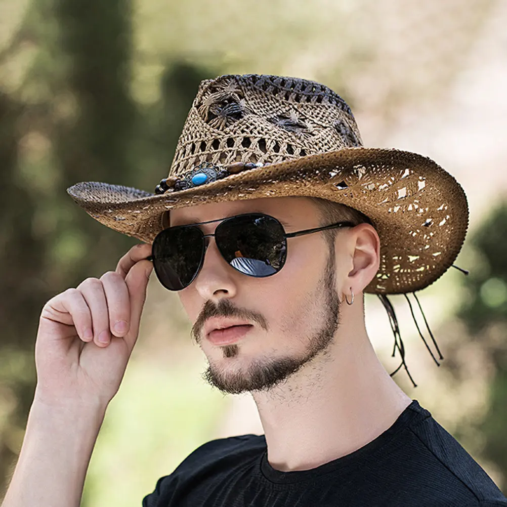 

Cowboy Straw Hat Soft Braid Material Western Style Sunshade Hat Unisex Travel Party Photo Props Hats Party Pack