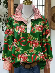 Christmas Candy Canes Print Stripe Puff Sleeve Shirts