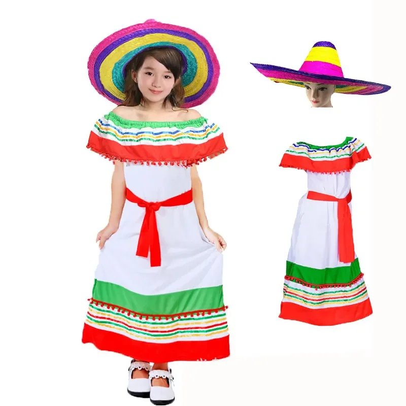 Girls Children Halloween Stripe Mexico Costume Dress Cape Straw Hat Spanish Mexican Poncho Cosplay Clothes