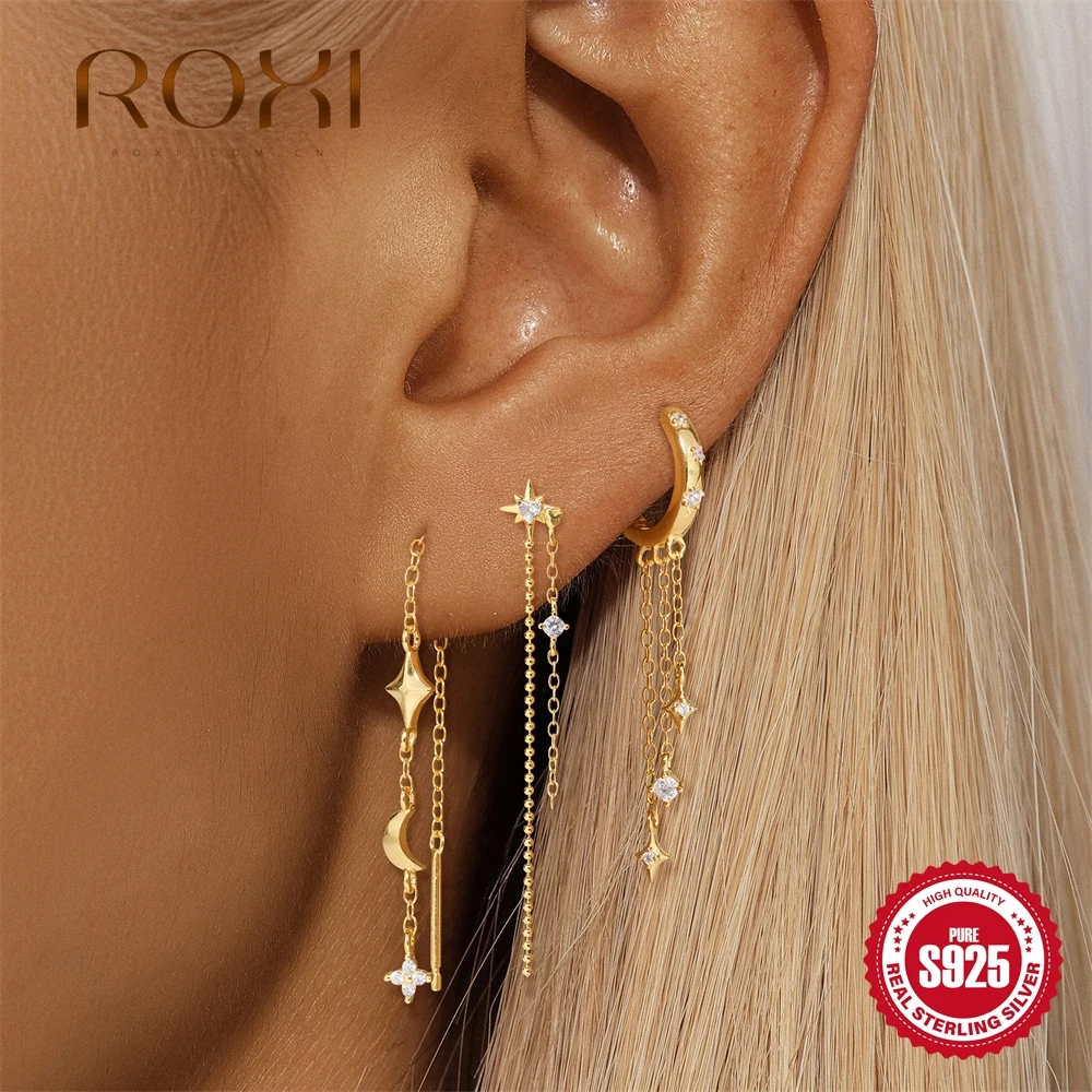 ROXI 925 boucles d'oreilles en argent Sterling étoile lune longue chaîne gland Piercing boucles d'oreilles pour les femmes classique bijoux fins accessoires