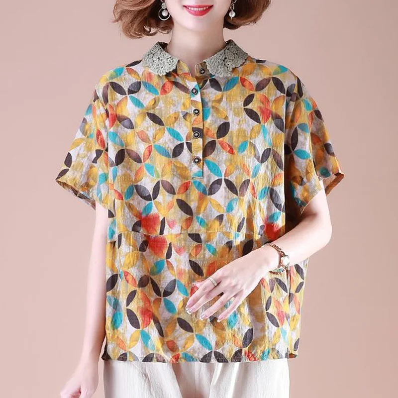 2023 New Summer Fashion Trend Commuting Minimalist Printed Lapel Panel Lace Oversized Casual Loose Fitting Women's Shirt