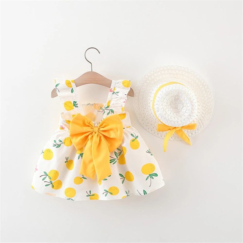 New Baby Girls Dress New Baby Girls Dress Floral Halter Bow + Hat Sweet Princess Dress Birthday Party Team Dress