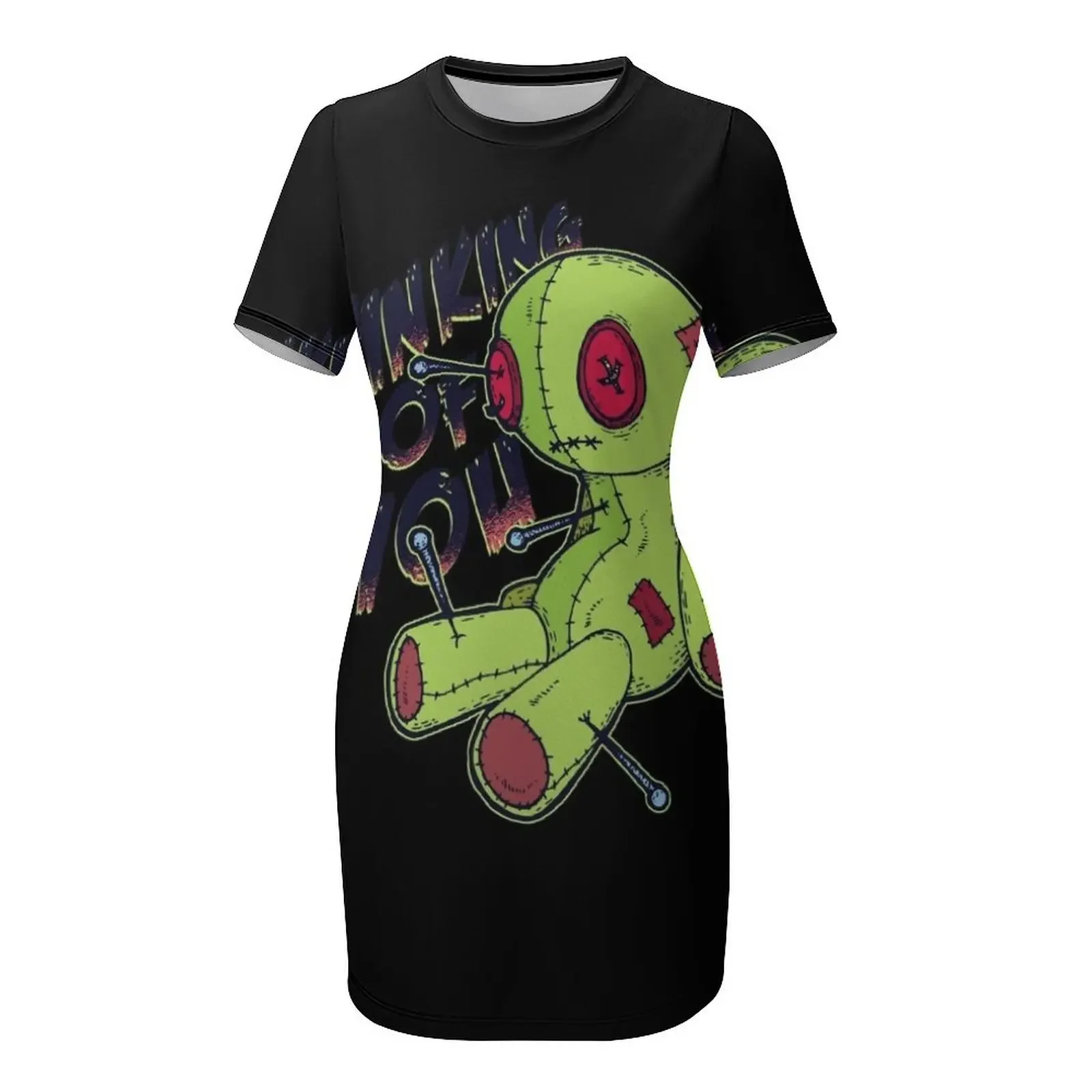 เสื้อยืดลายตุ๊กตาวูดูสยองขวัญแนวโกธิคสำหรับฮาโลวีน ชุดเดรสฤดูร้อนแขนสั้นทรงหลวม