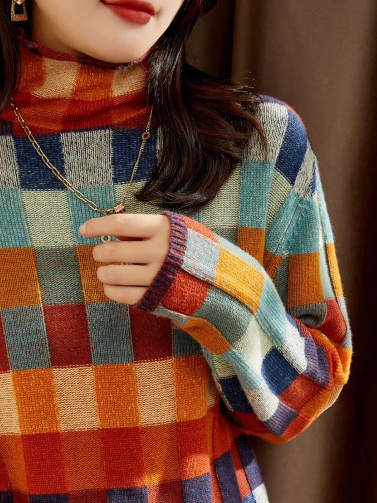 High Collar Woolen Knitted Sweater with Chessboard Pattern for Women Rain Flower Bird Brand Long Sleeve Autumn Fashion Online...