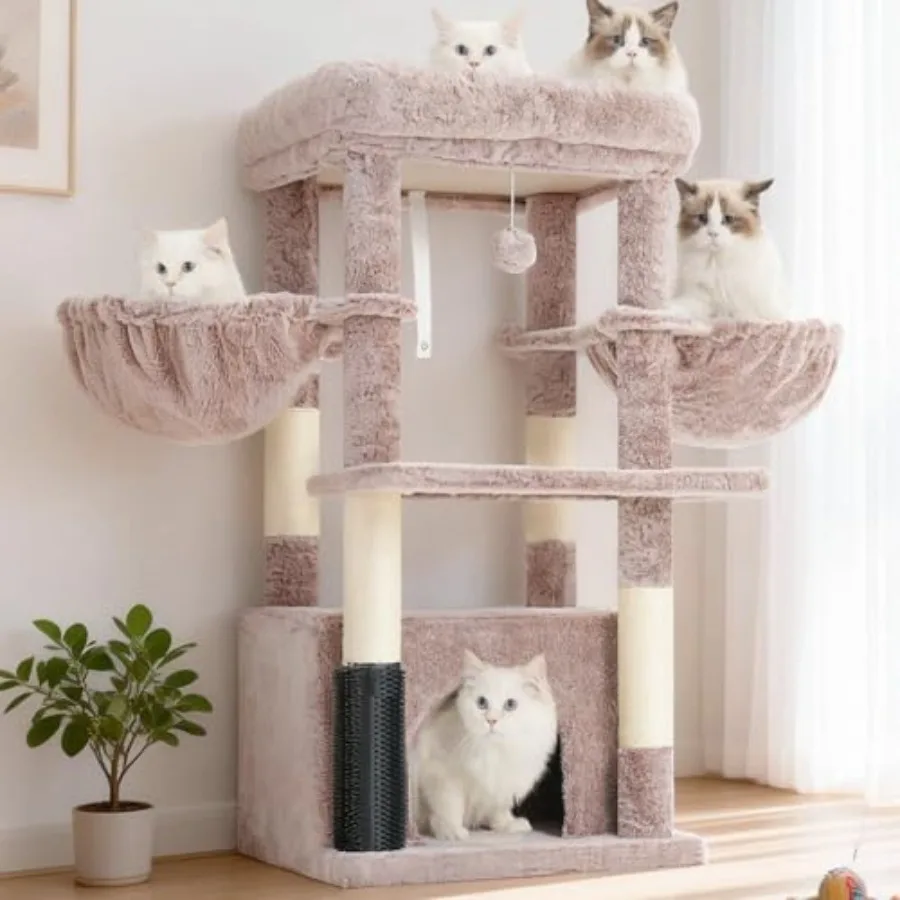 

Когтеточка-башня для кошек с очень большой платформой, просторным домиком, 2 уютными гамаками, щеткой для самоочистки и сизалевыми столбиками для большого индор-пространства