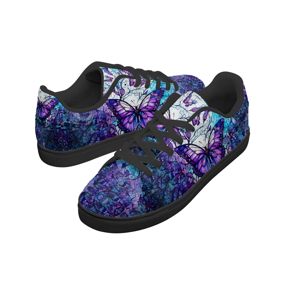 أحذية كلاسيكية بنمط الفراشة الأرجوانية بخلفية سوداء كاجوال أحذية عصرية أحذية رياضية في الحرم الجامعي