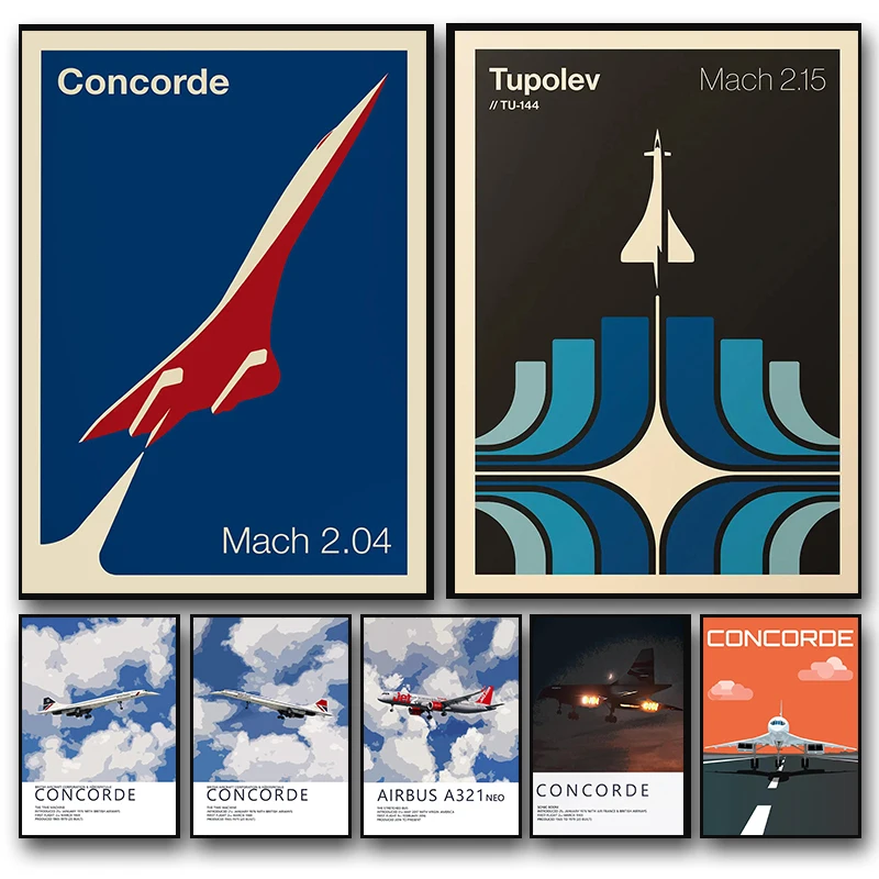 الحديثة الحد الأدنى كونكورد طائرة الملصقات عالية السرعة الطيران يطبع طائرة المدنية حائط لوح رسم صور ديكور غرفة المنزل