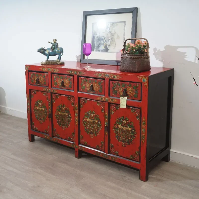 Tibetan Style Solid Wood Painted Living Room Edge Cabinet Partition Foyer Entrance Cabinet Hand Painted Retro Shoe Cabinet