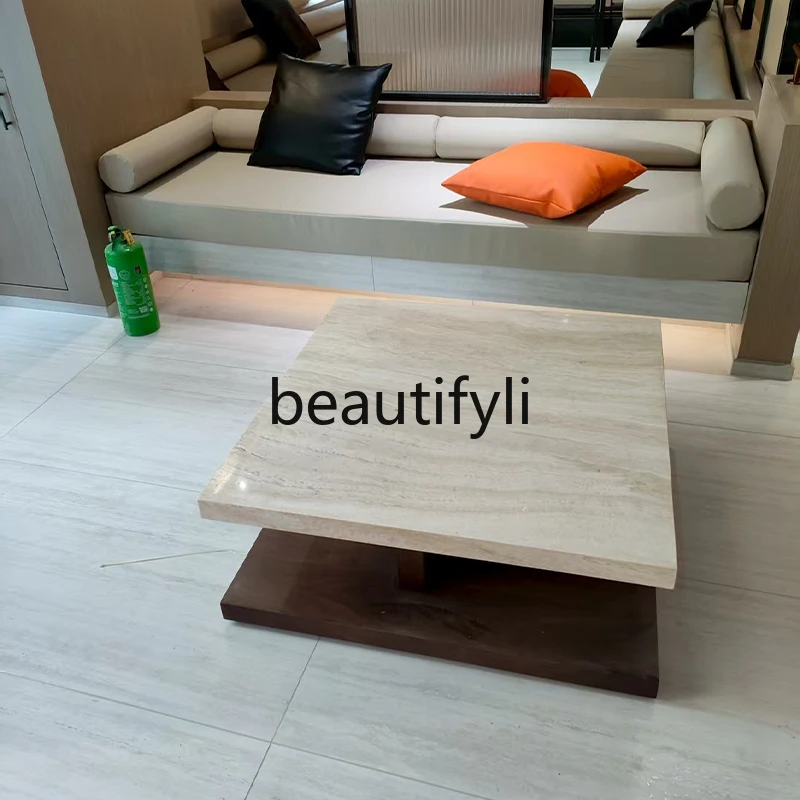 Vintage Wabi-Sabi Style Natural Marble Travertine Coffee Table Italian Minimalist Living Room Square Coffee Table