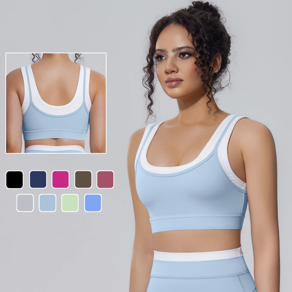 Woman Backless Yoga Underwear with Chest Pad False Two-piece Color Blocking Shockproof Workout Top Sports Bra Customizable Logo