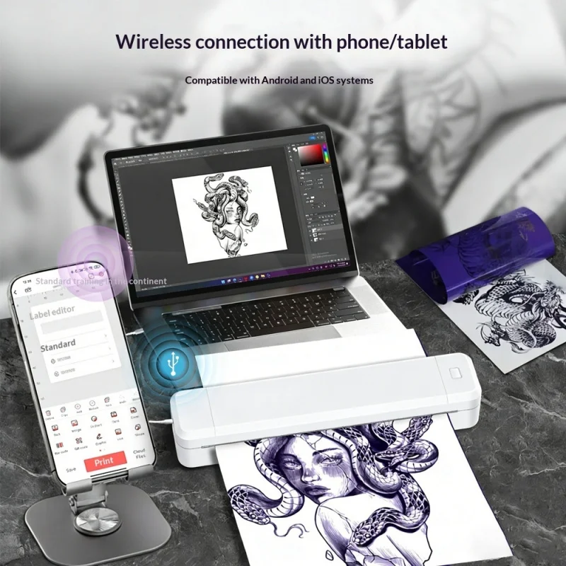 X8T Bluetooth Thermal Tattoo Transfer Machine, A4 Portable Printer Compatible with Phone & Computer for Tattoo Artists