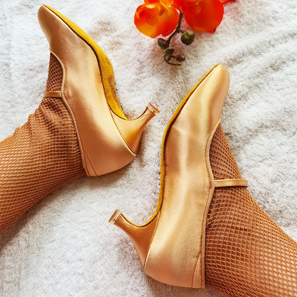 Betty Adult Women's National Standard Modern Dance Shoes Waltz Soft Bottom Satin Social Dance ShoesHighHeelsBrownBD137 BallrOOM